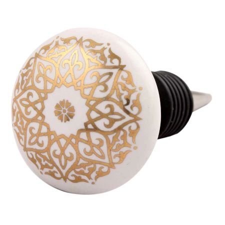 Golden Floral Pattern Flat Ceramic Wine Stopper (Pack Of One Piece)